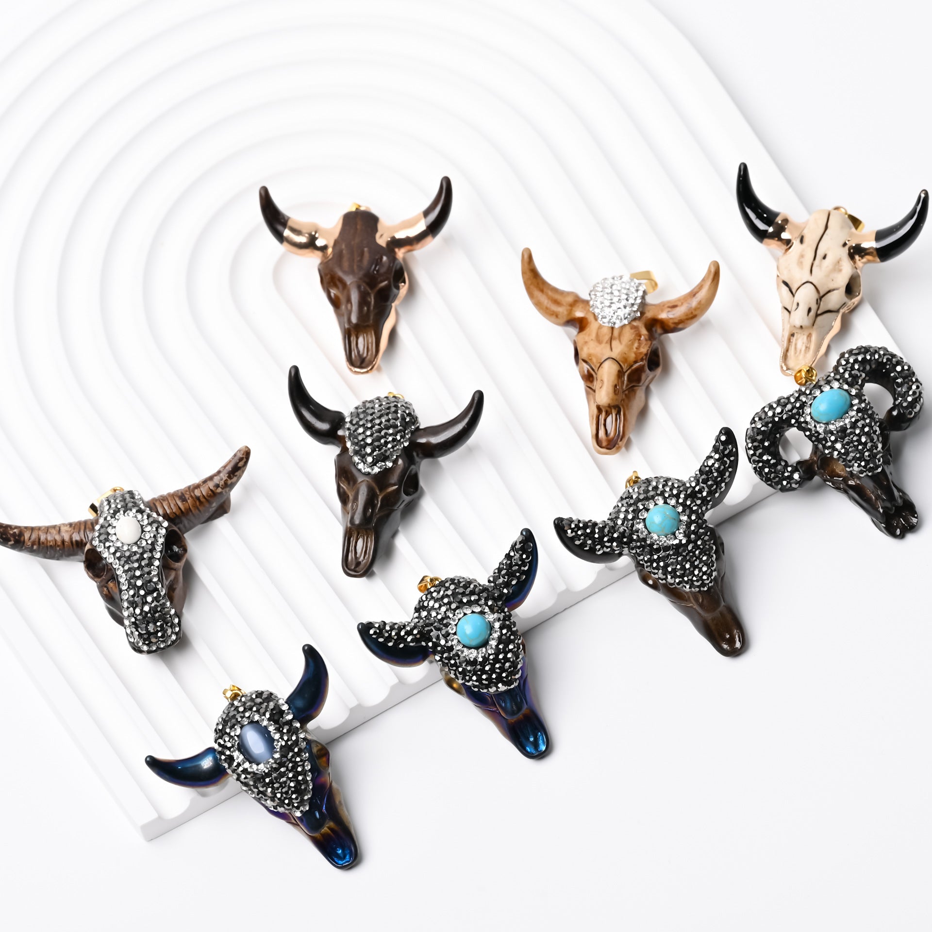 Wholesale Natural stone resin bull head shaped diamond necklace accessories DIY